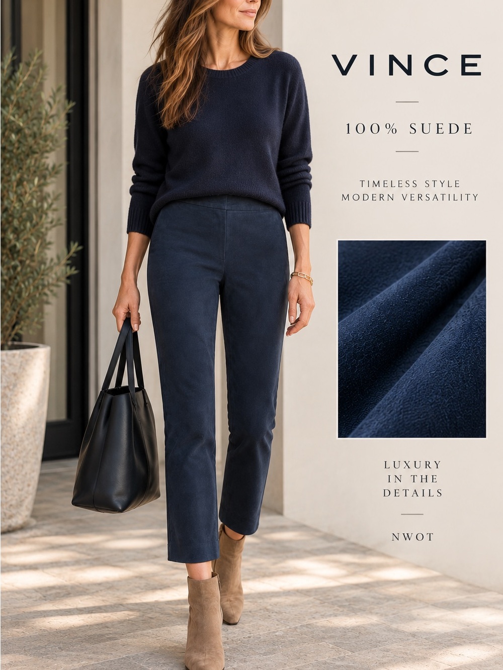 Vince 100% Suede Split Hem Crop Cigarette Pants Navy Holly Go Lightly NWOT